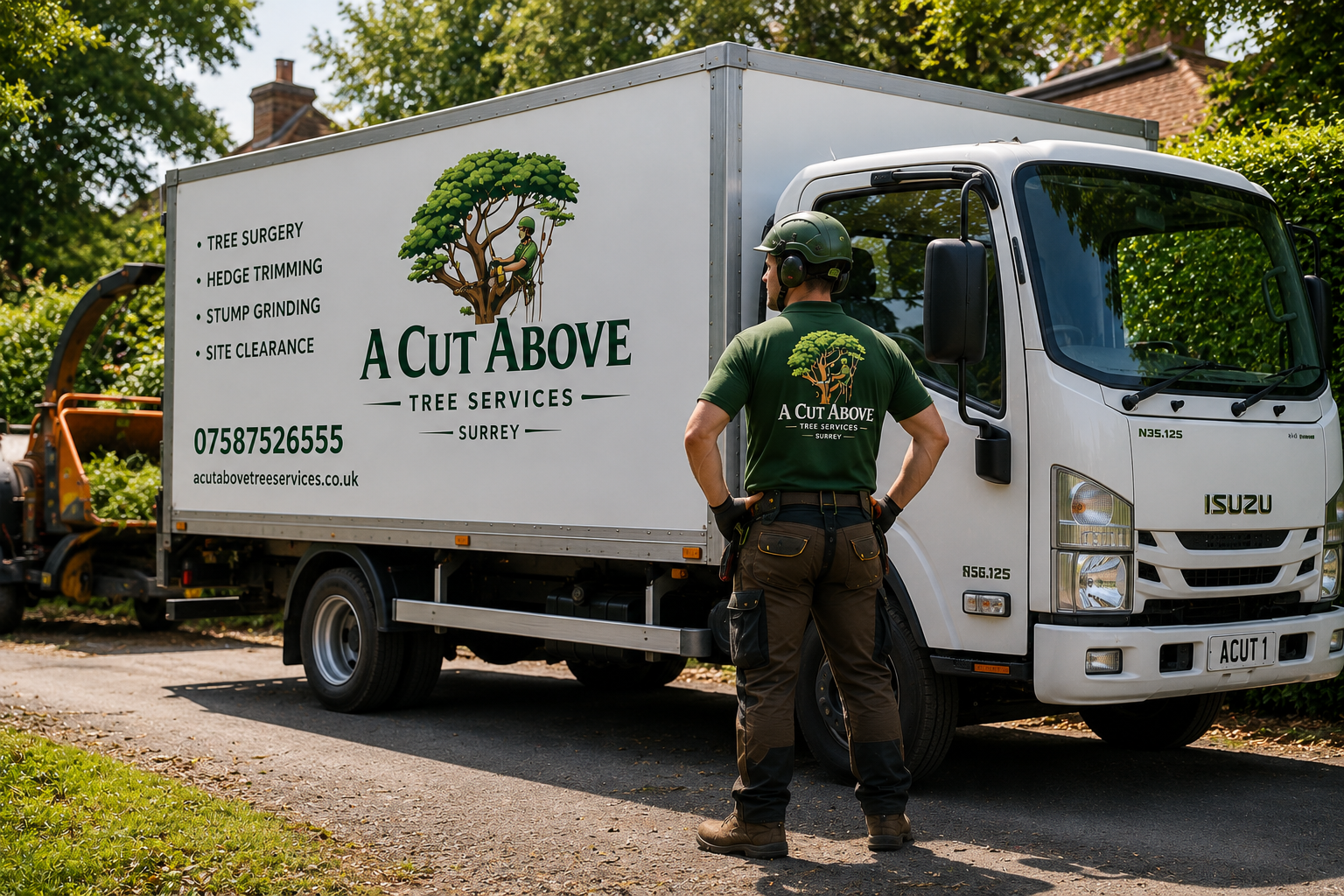 A Cut Above branded vehicle and team member ready for work